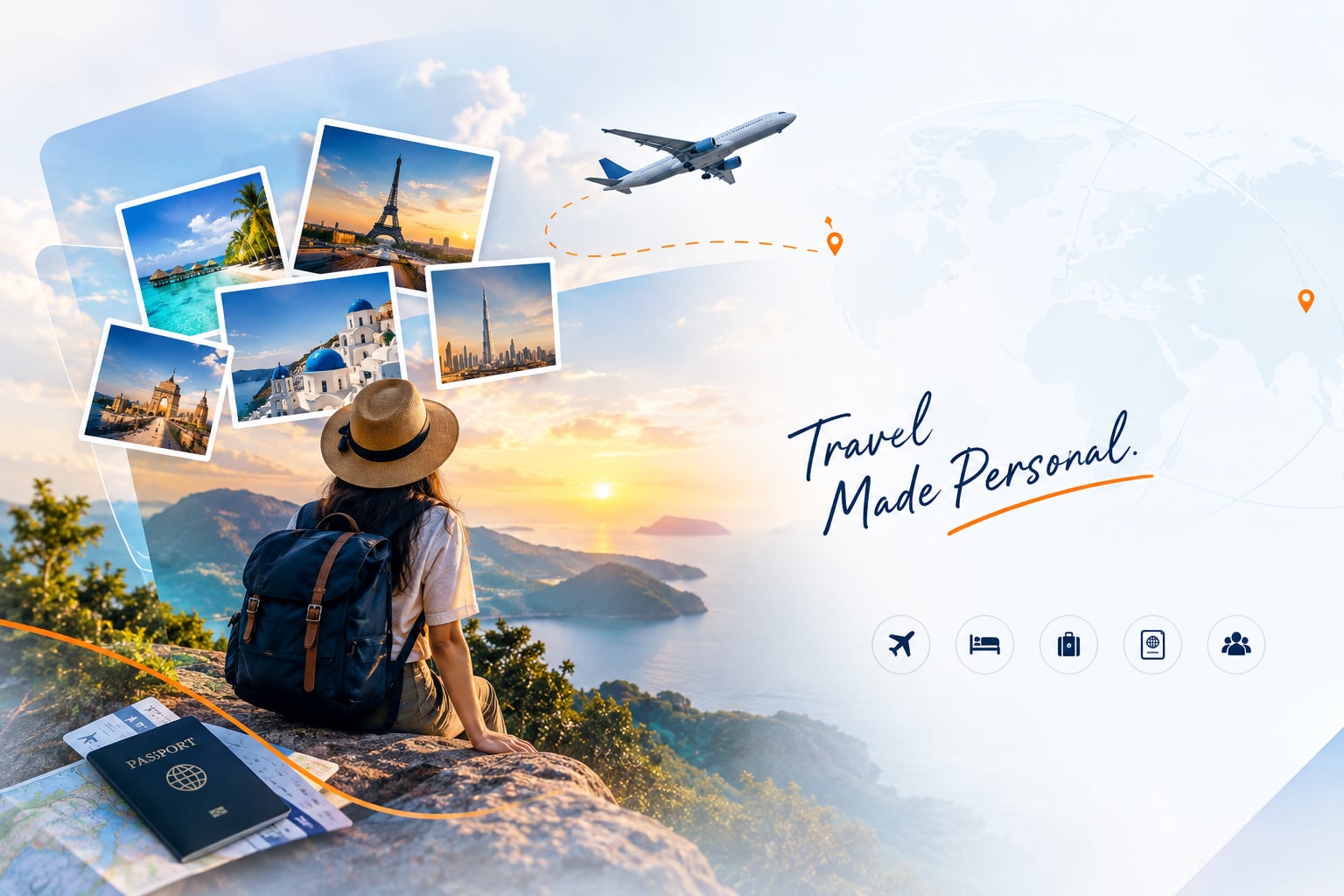 A traveller in a sun hat sitting on a clifftop above the sea at sunset, with a passport and map beside them and holiday photos of Paris, Santorini, Dubai and the Maldives above