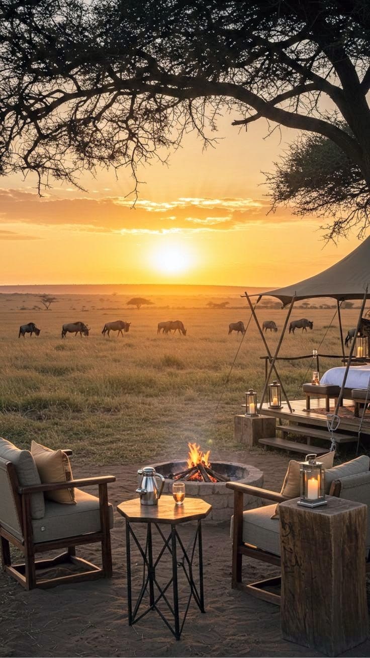 A safari camp with a fire pit overlooking the savannah and grazing wildlife at sunset