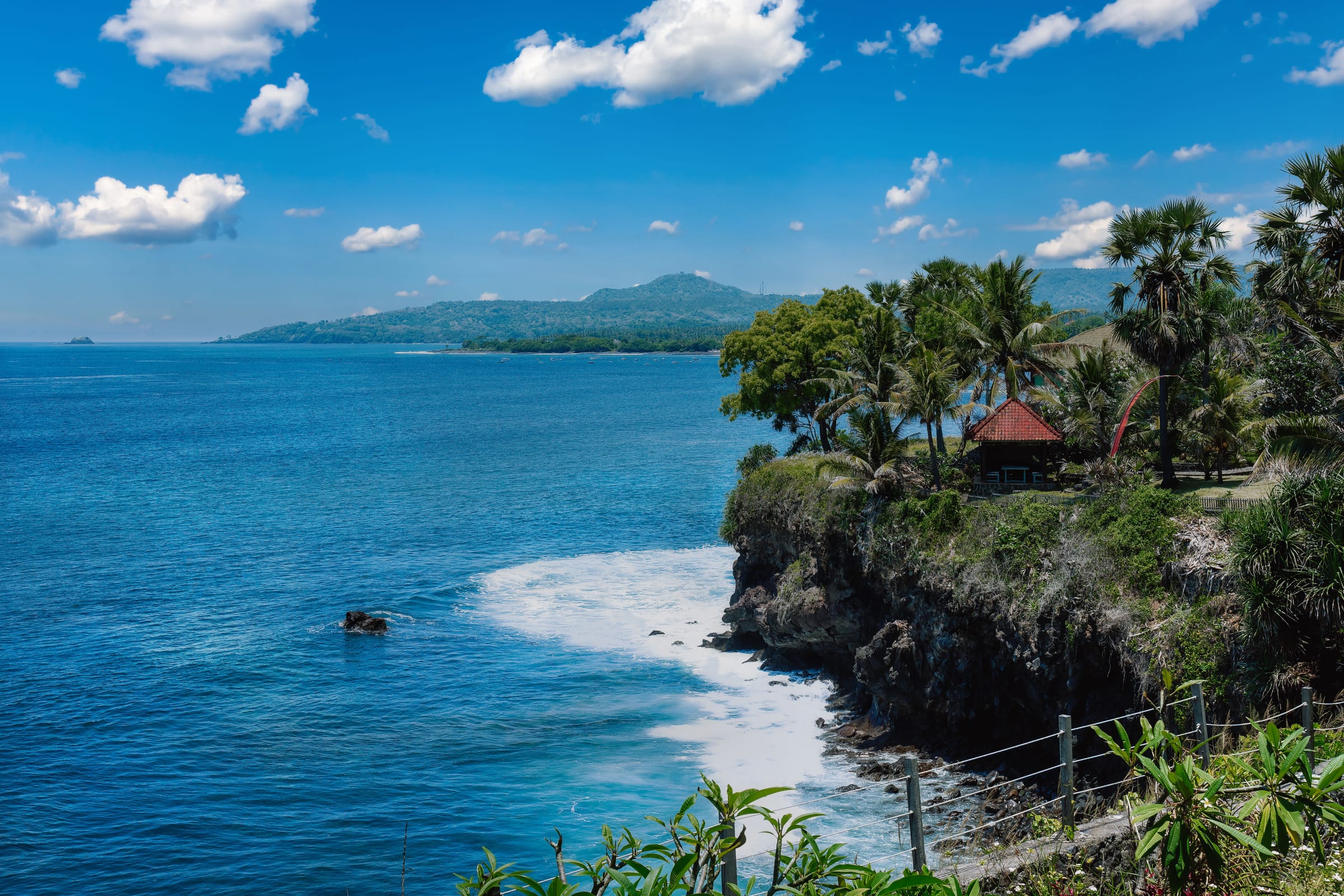 A clifftop hut among palm trees above waves breaking on a deep blue sea