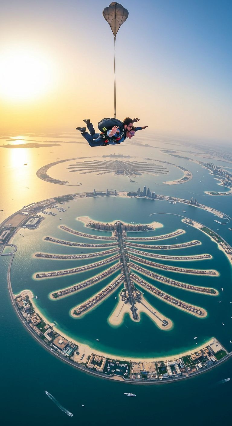 A skydiver floating above the Palm Jumeirah island in Dubai at sunrise